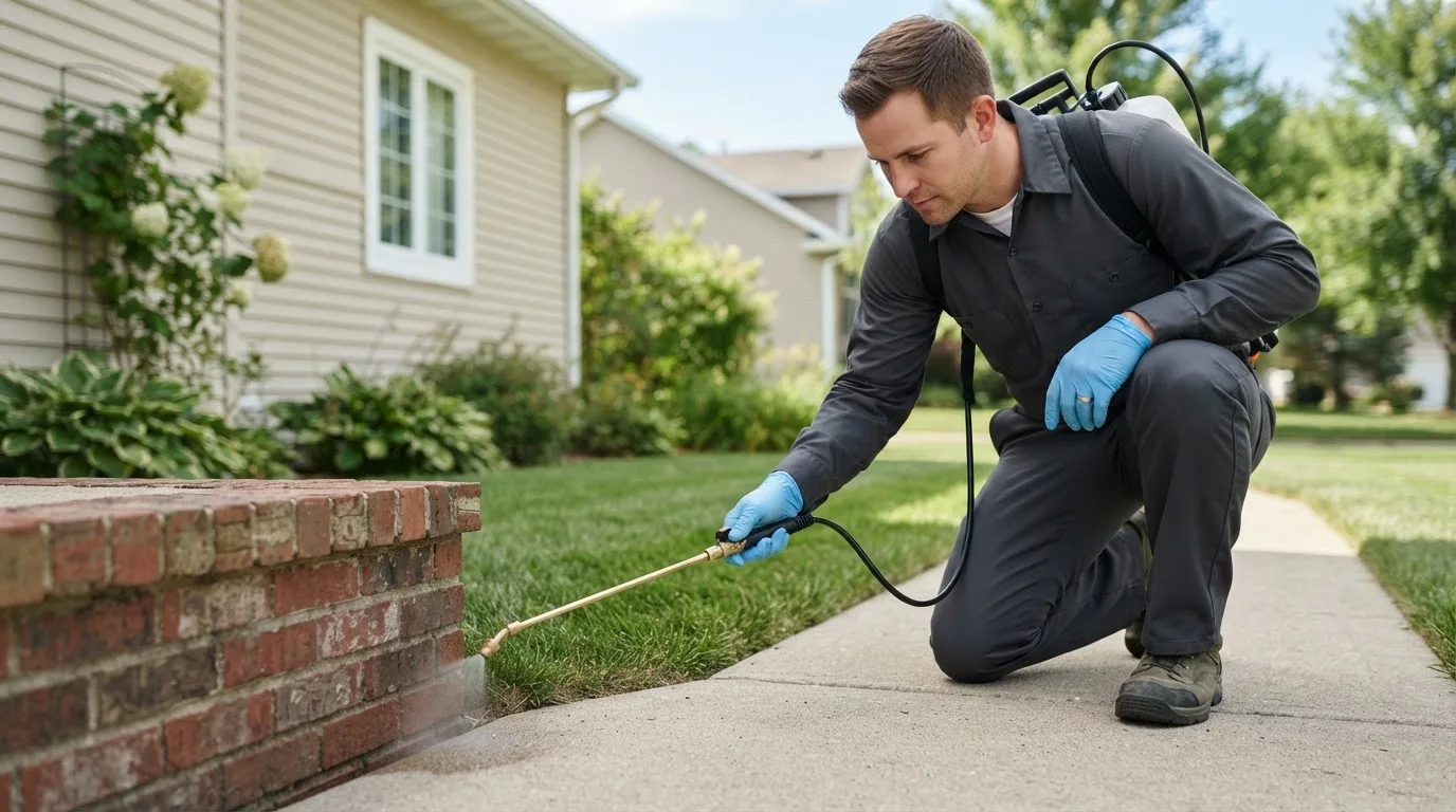 Pest control technician treating a home near Marshall, AK